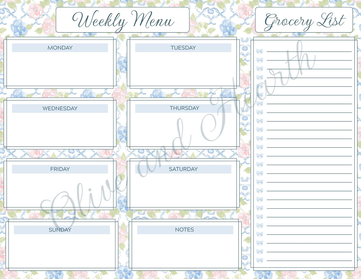 Weekly Menu & Grocery List Magnetic Notepad Set | 110 sheets | Blue | Floral | Grandmillennial Style | Mother's Day Gift Idea