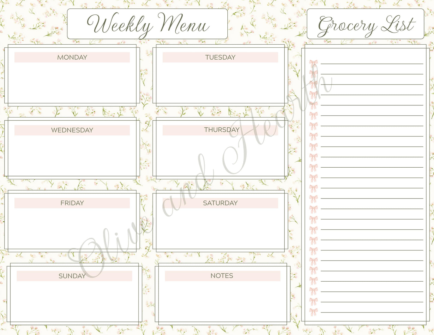 Floral Magnetic Weekly Menu & Grocery List Notepad Set | Sage Green | Dusty Pink | 110 Pages | Mother's Day Gift Idea