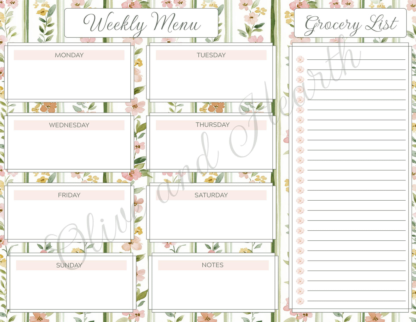 Floral Magnetic Weekly Menu & Grocery List Notepad Set | Sage Green | Dusty Pink | 110 Pages | Mother's Day Gift Idea