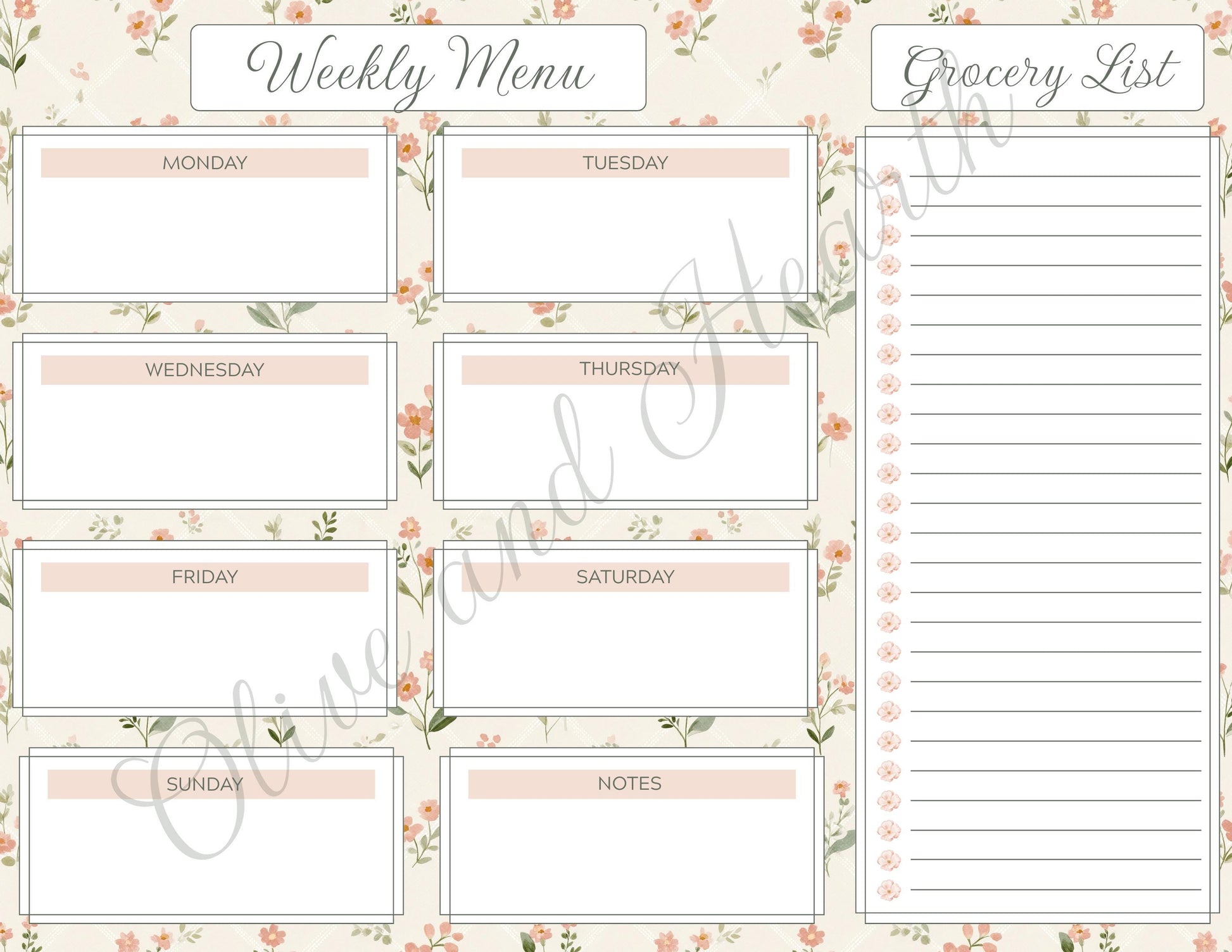 Floral Magnetic Weekly Menu & Grocery List Notepad Set | Sage Green | Dusty Pink | 110 Pages | Mother's Day Gift Idea