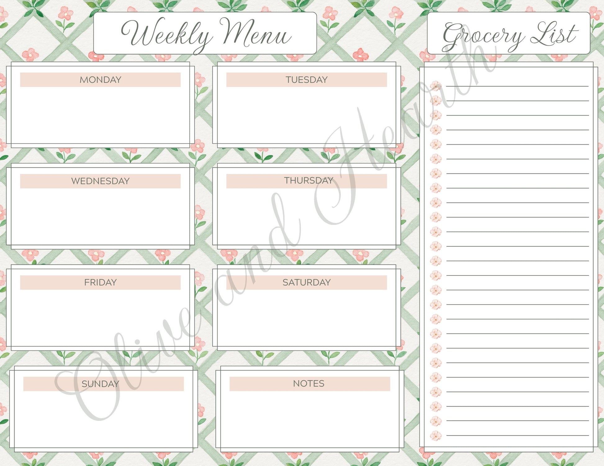 Floral Magnetic Weekly Menu & Grocery List Notepad Set | Sage Green | Dusty Pink | 110 Pages | Mother's Day Gift Idea