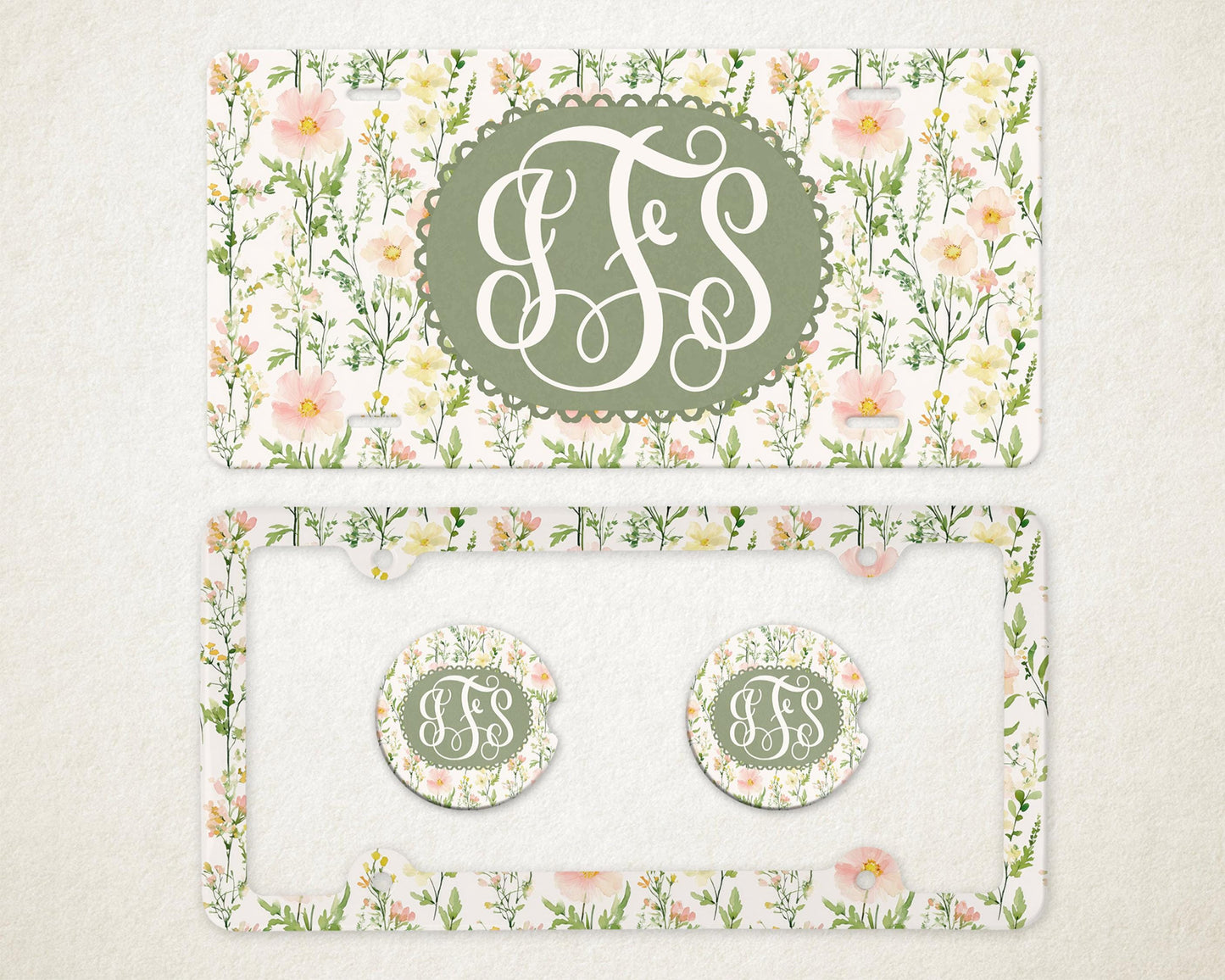 Personalized Car Accessories Set | Front License Plate, License Plate Frame, and Coasters | Mother's Day Gift Idea