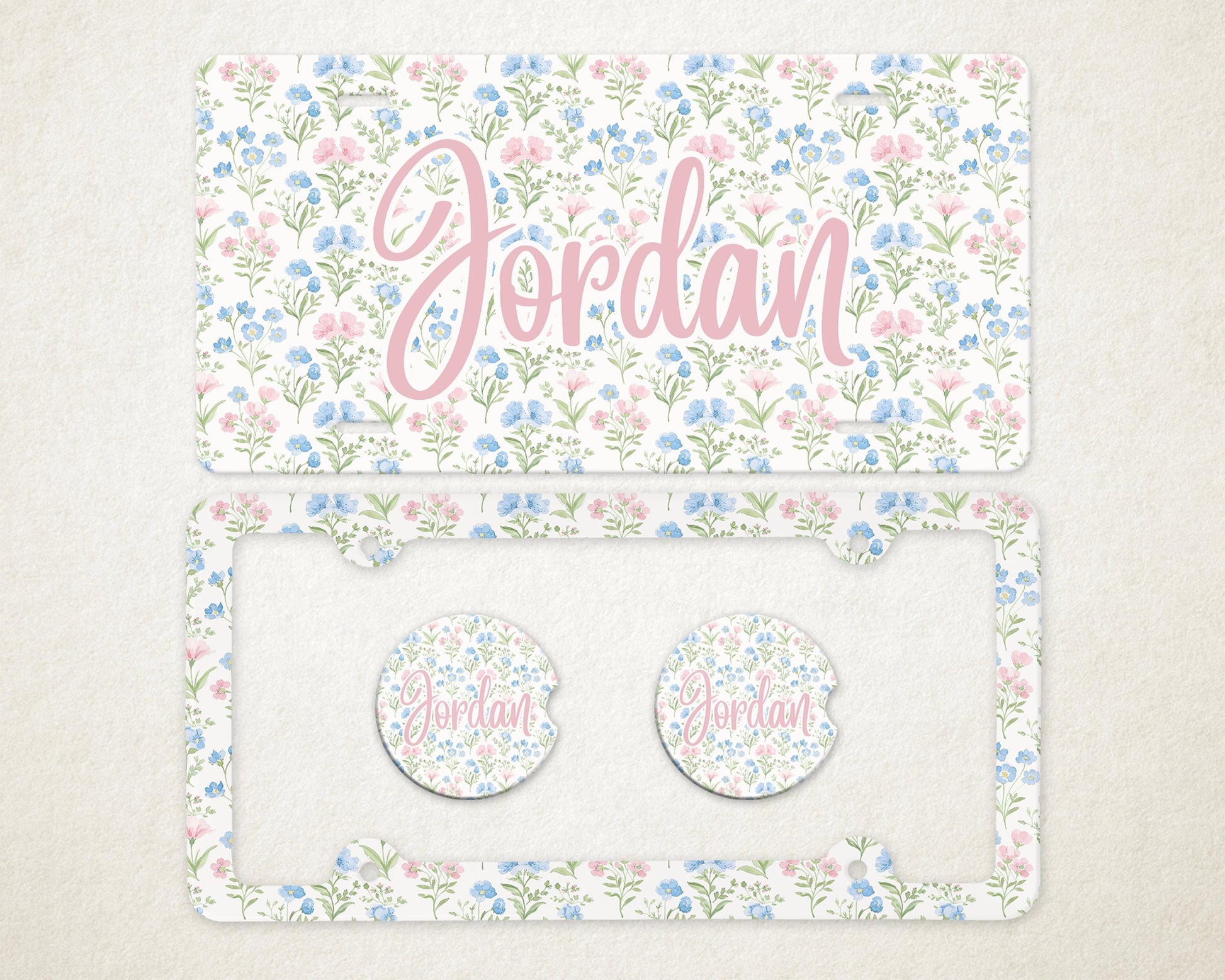 Personalized Car Accessories Set | Front License Plate, License Plate Frame, and Coasters | Mother's Day Gift Idea