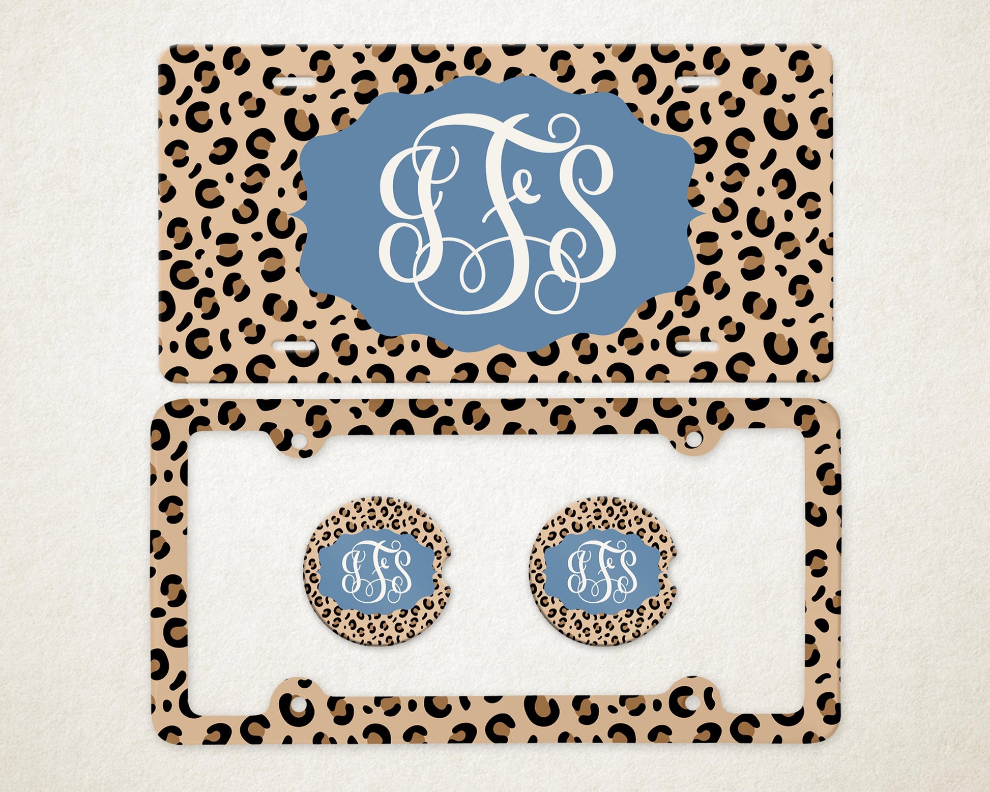 Personalized Car Accessories Set | Front License Plate, License Plate Frame, and Coasters | Mother's Day Gift Idea