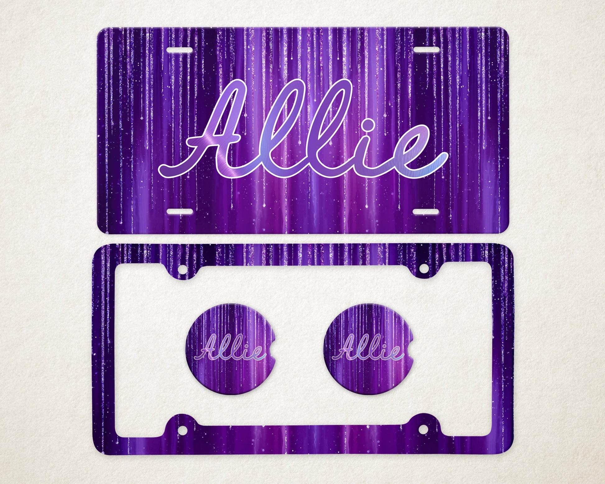 Personalized Car Accessories Set | Front License Plate, License Plate Frame, and Coasters | Mother's Day Gift Idea