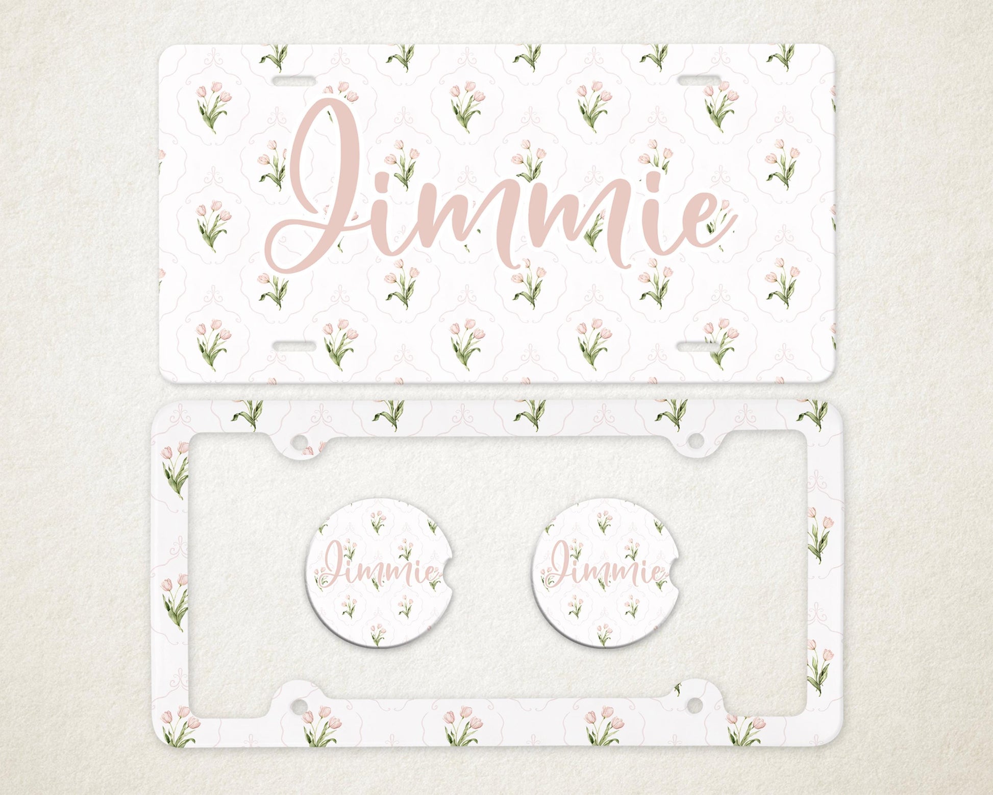 Personalized Car Accessories Set | Front License Plate, License Plate Frame, and Coasters | Mother's Day Gift Idea
