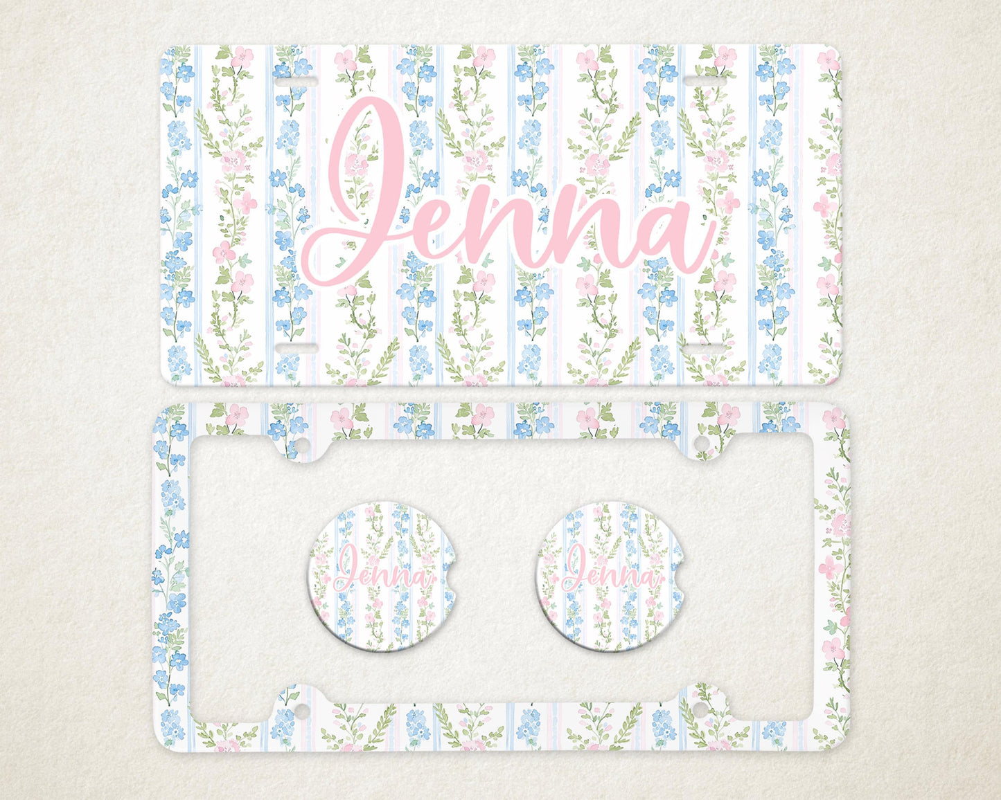 Personalized Car Accessories Set | Front License Plate, License Plate Frame, and Coasters | Mother's Day Gift Idea