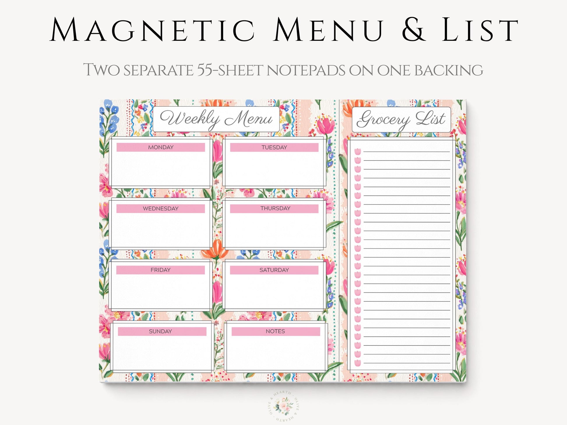 Weekly Menu & Grocery List | Magnetic Notepad Set | 110 sheets | Pink Floral Stripes | Mother's Day Gift Idea