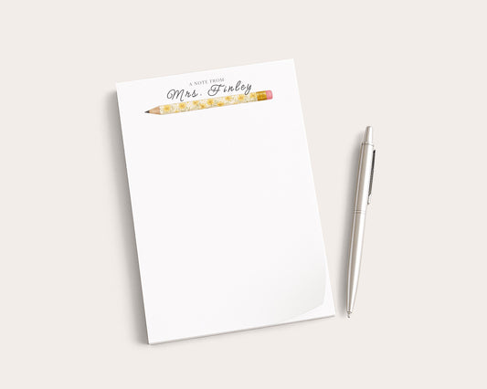 Personalized Teacher Notepad | Yellow Floral Print Pencils | Teacher Appreciation Gift