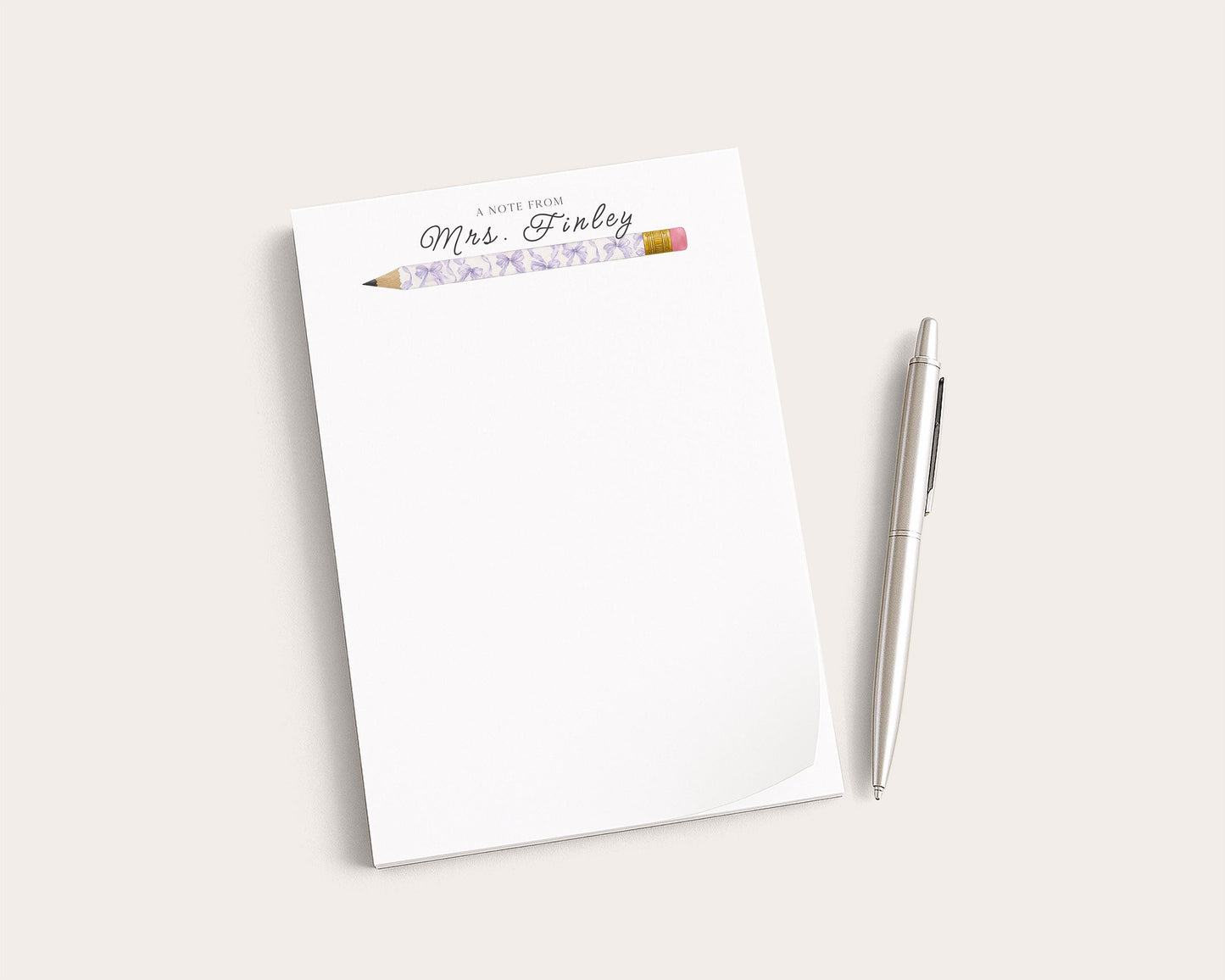 Personalized Teacher Notepad | Purple Bow Print Pencils | Teacher Appreciation Gift