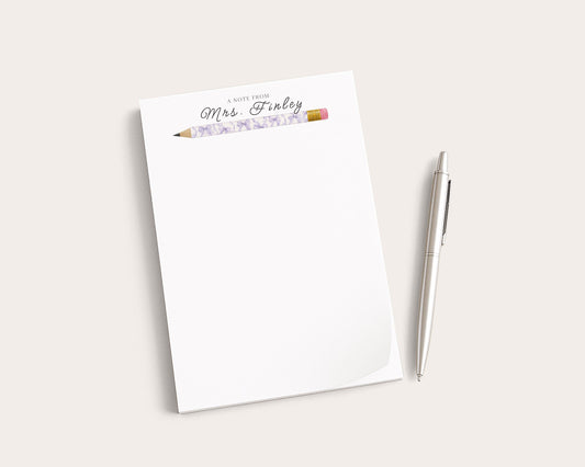 Personalized Teacher Notepad | Purple Bow Print Pencils | Teacher Appreciation Gift