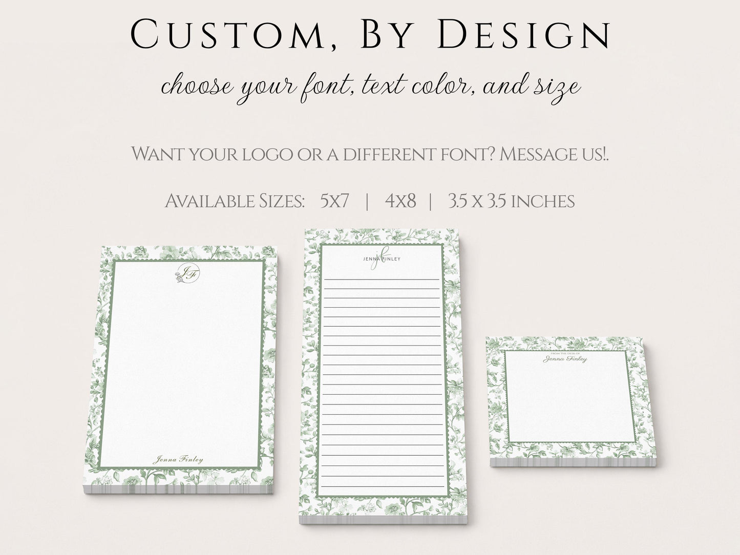 Personalized Floral Notepad | Sage Green Toile Flowers | Mother's Day Gift Idea