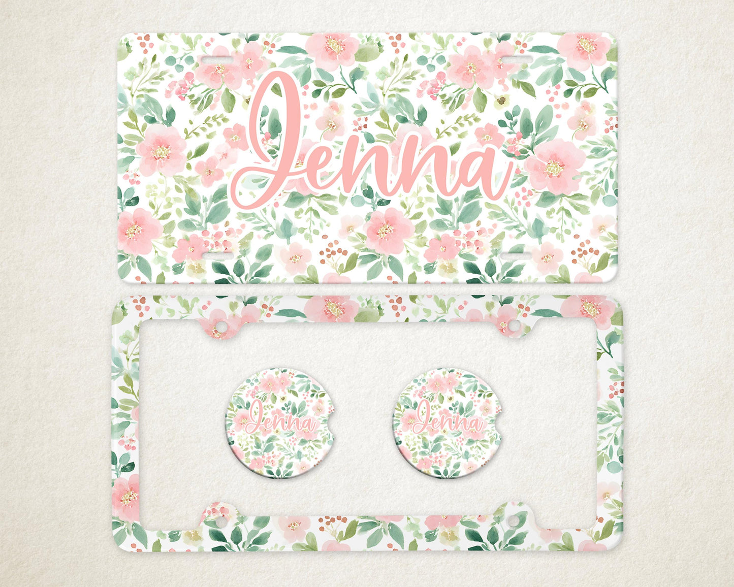 Personalized Car Accessories Set | Front License Plate, License Plate Frame, and Coasters | Mother's Day Gift Idea