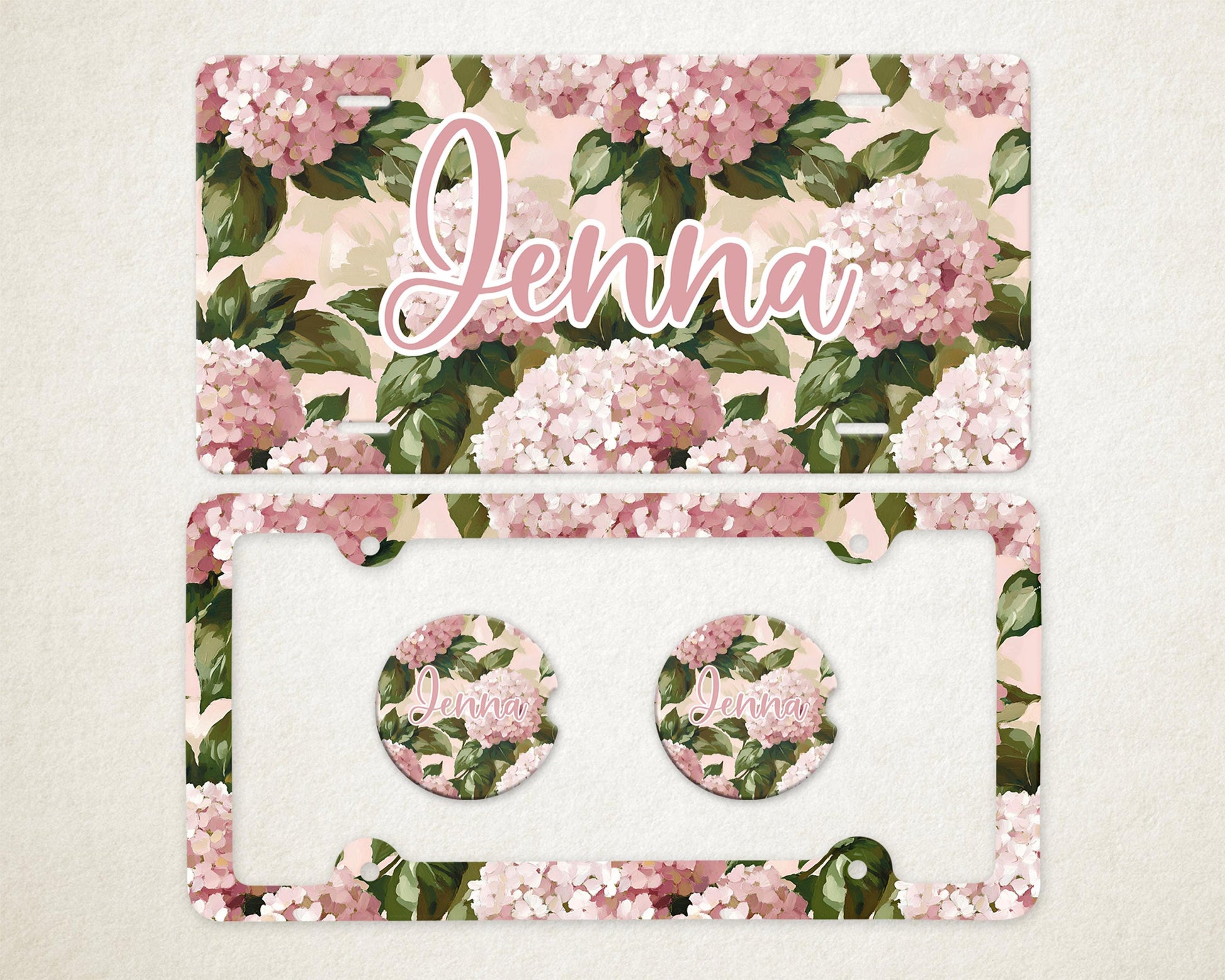 Personalized Car Accessories Set | Front License Plate, License Plate Frame, and Coasters | Mother's Day Gift Idea