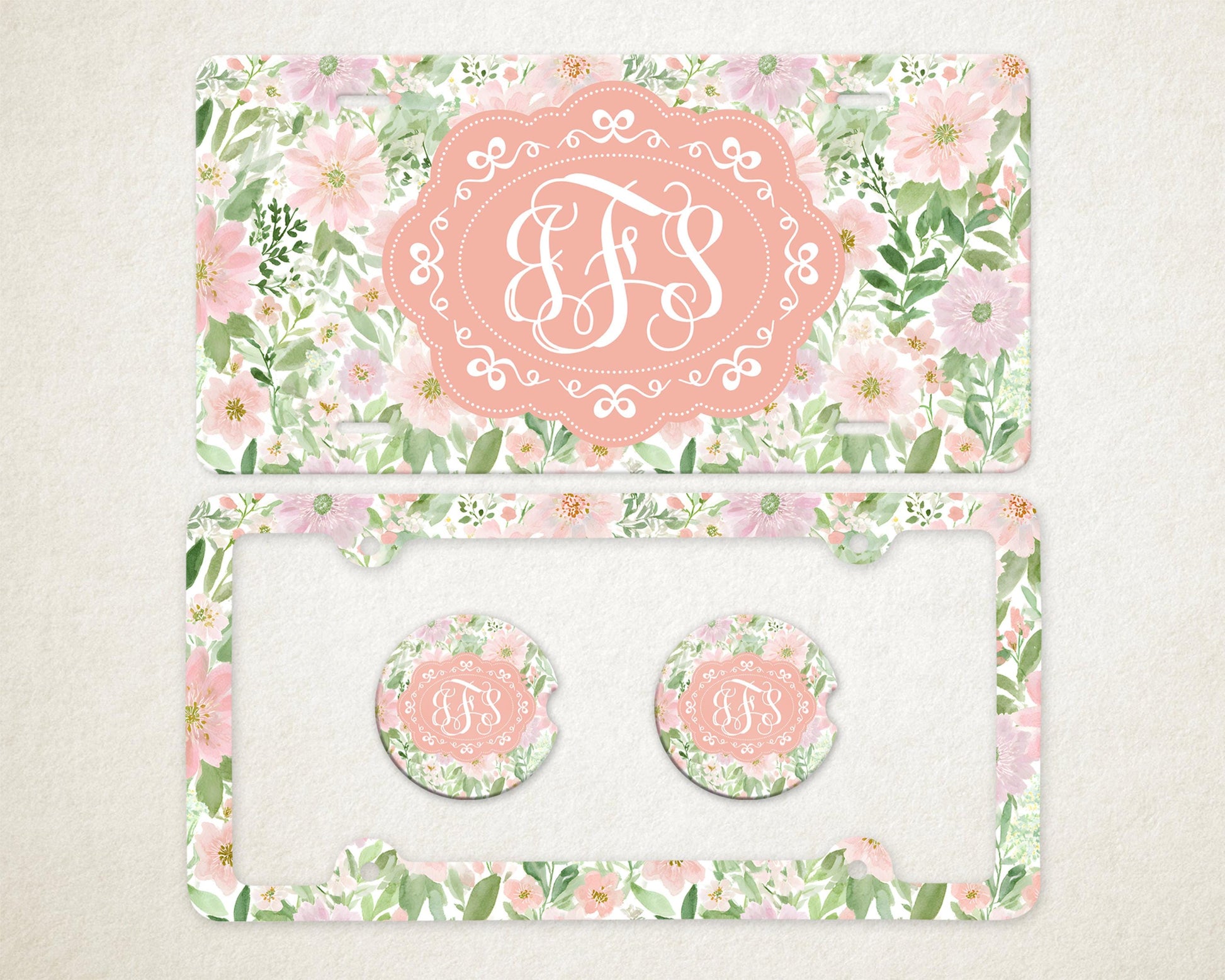 Personalized Car Accessories Set | Front License Plate, License Plate Frame, and Coasters | Mother's Day Gift Idea