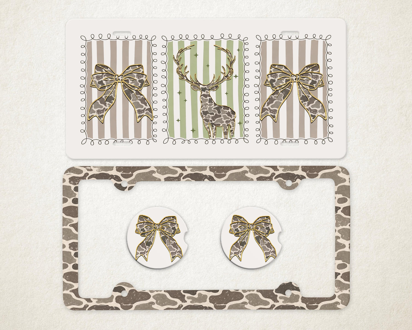 May include: A decorative car accessory set featuring a license plate frame, license plate cover, and two car coasters. The license plate cover and coasters have a giraffe print. The license plate cover has a bow design. The license plate cover has a deer design.