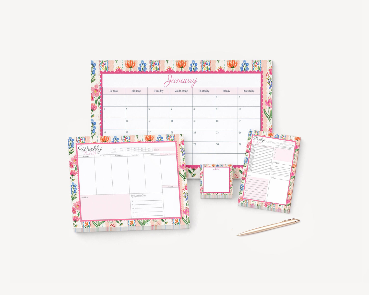 2026 Floral Calendar Desk Pad | Pink Stripes and Flowers | Weekly & Daily Planner Notepad | Mother's Day Gift Idea