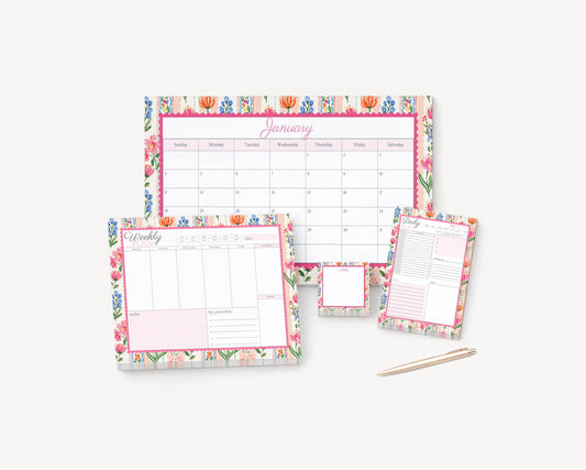 2026 Floral Calendar Desk Pad | Pink Stripes and Flowers | Weekly & Daily Planner Notepad | Mother's Day Gift Idea