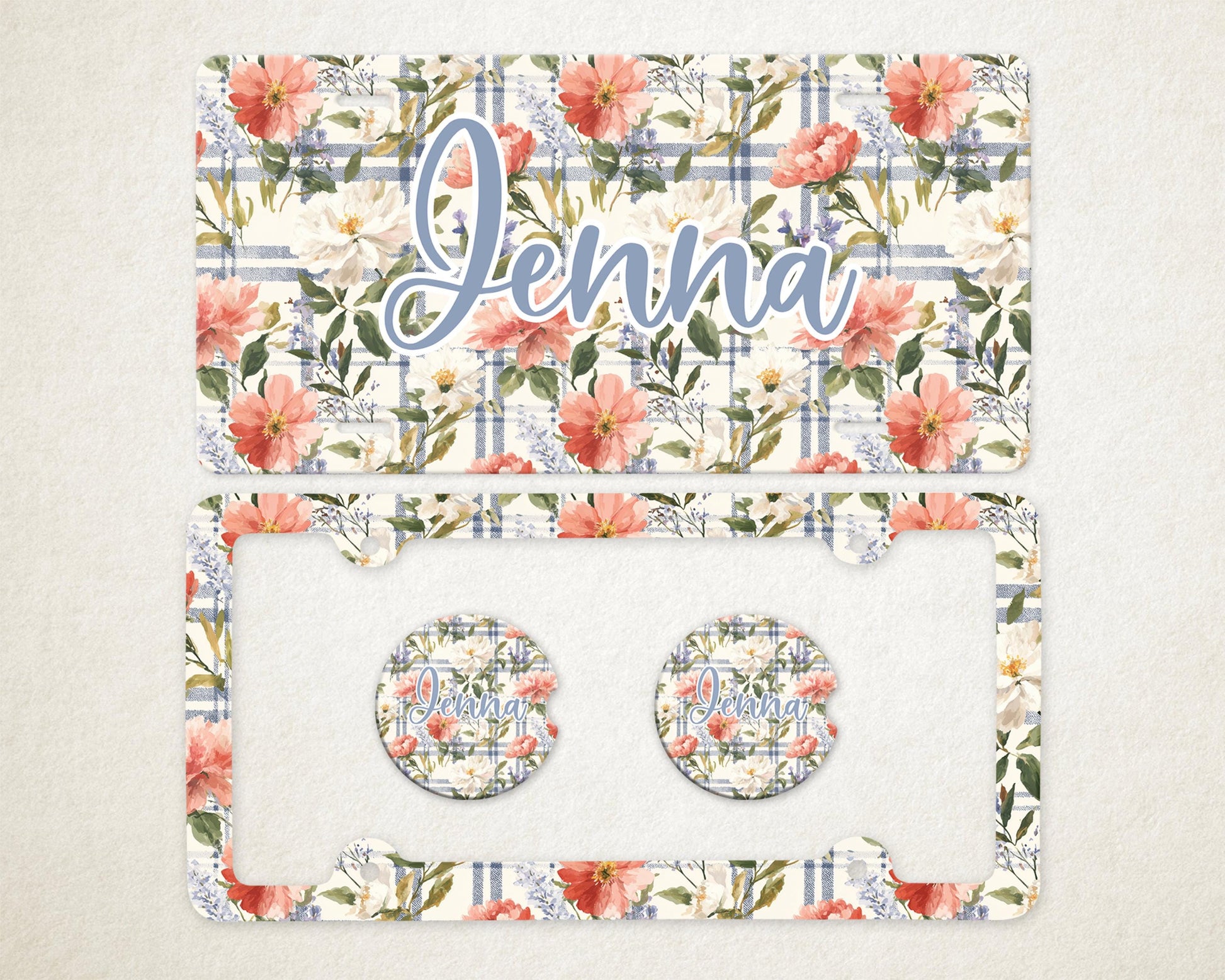 Personalized Car Accessories Set | Front License Plate, License Plate Frame, and Coasters | Mother's Day Gift Idea