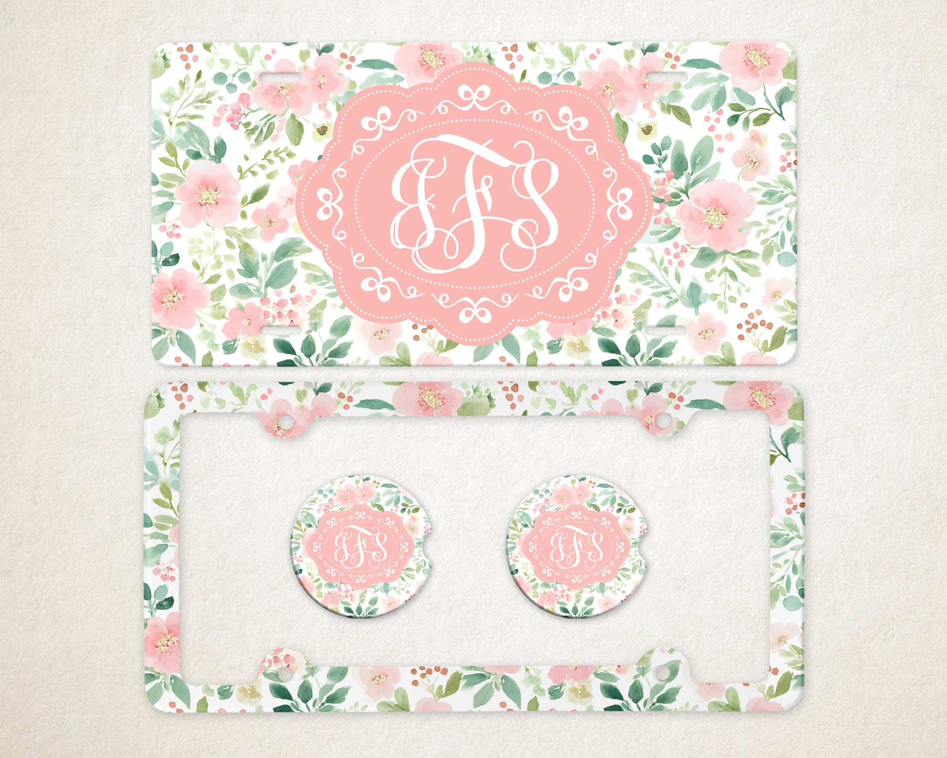 Personalized Car Accessories Set | Front License Plate, License Plate Frame, and Coasters | Mother's Day Gift Idea