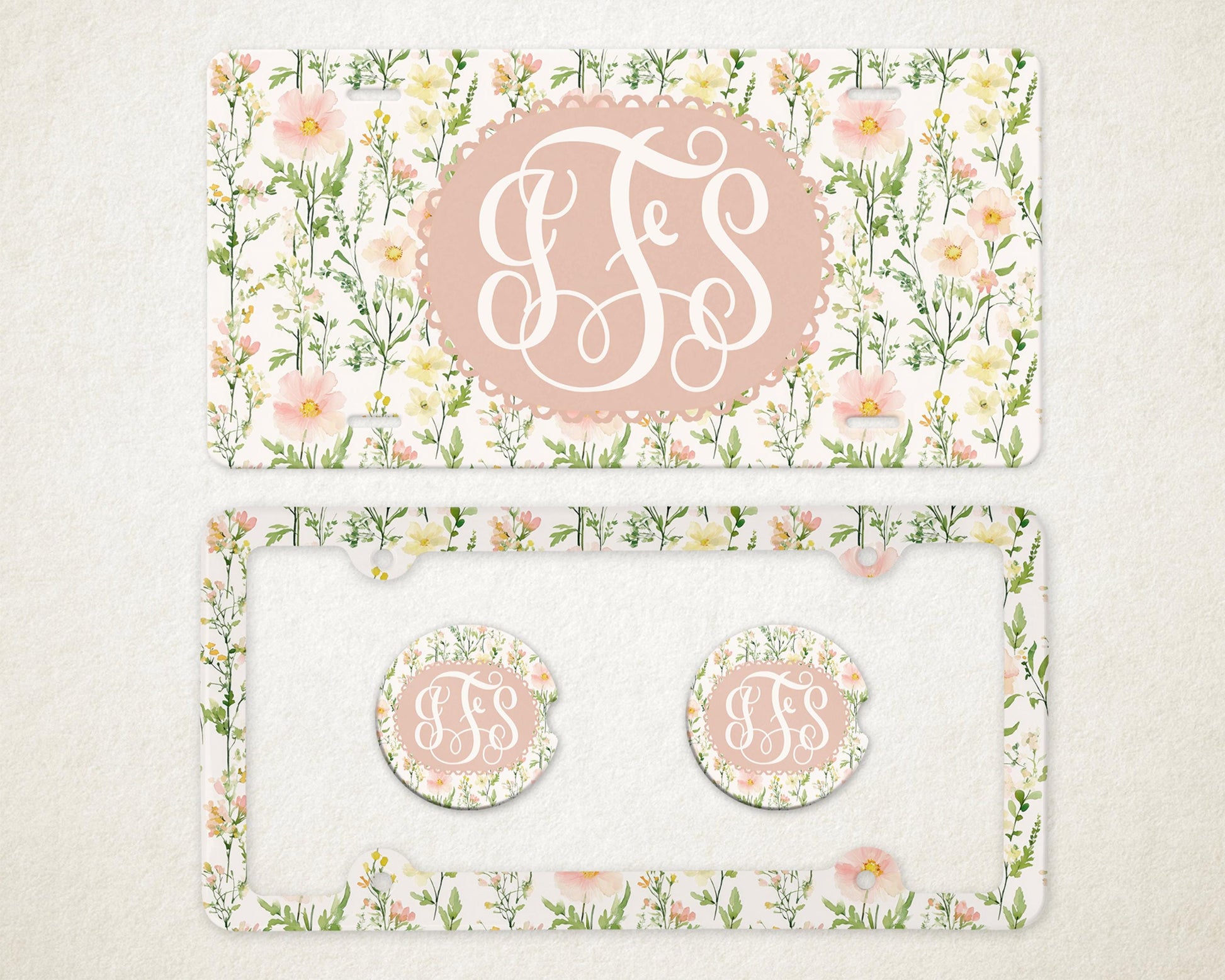 Personalized Car Accessories Set | Front License Plate, License Plate Frame, and Coasters | Mother's Day Gift Idea