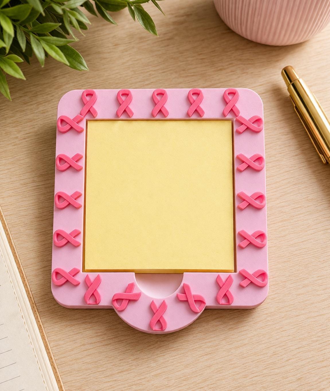 Sticky Note Holder | Pink Ribbon | Pencil Bow Desk Organizer | Breast Cancer Awareness