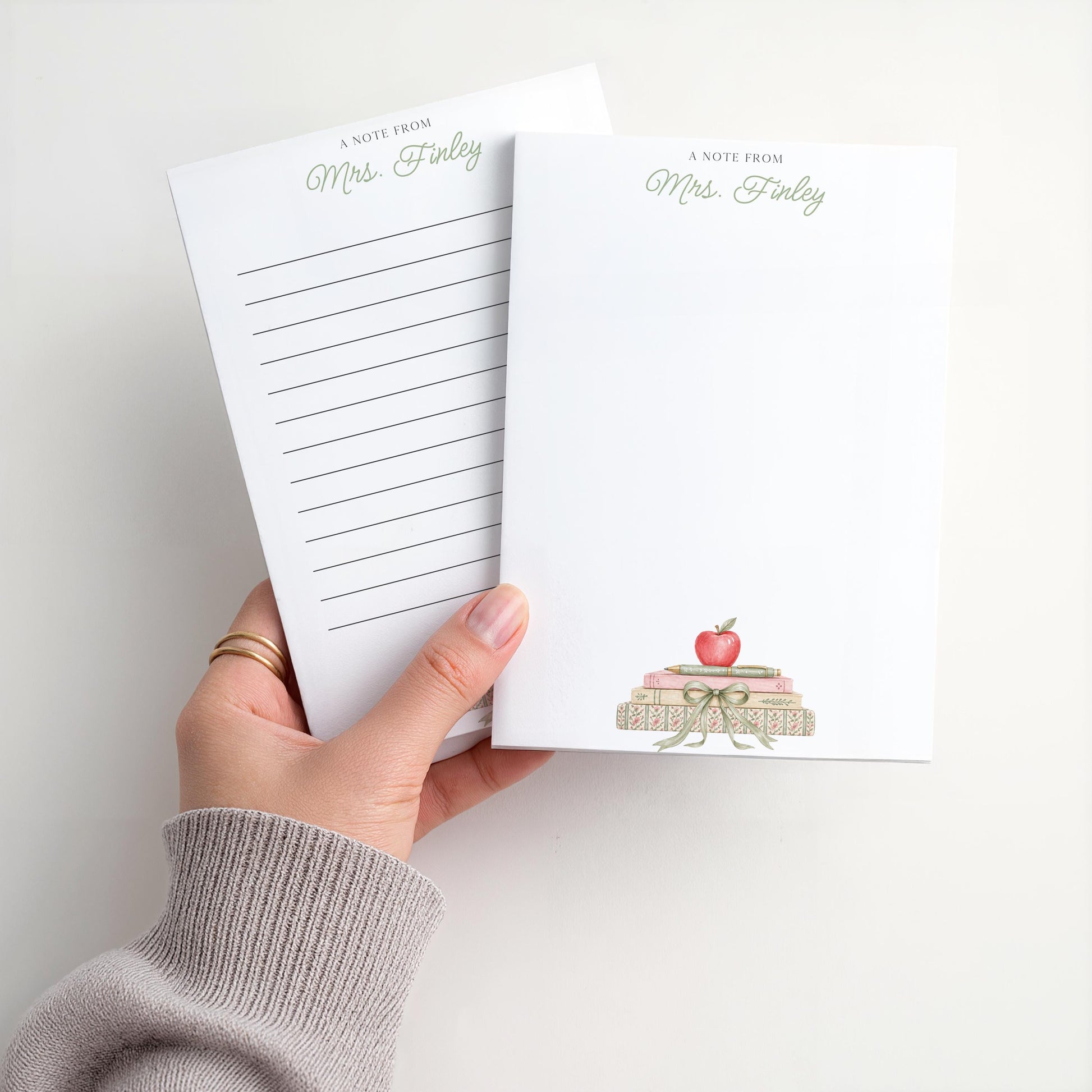 Personalized Teacher Notepad | Sage Green Bow Book Pile | Teacher Appreciation Gift
