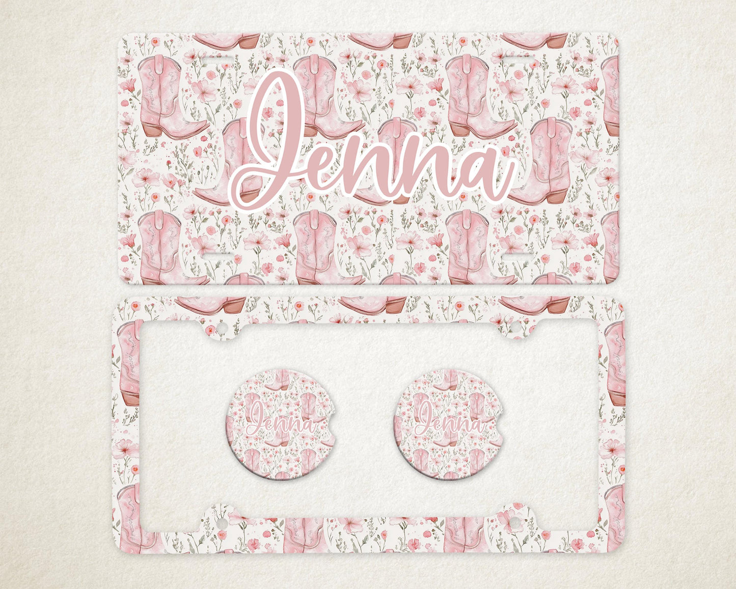 Personalized Car Accessories Set | Front License Plate, License Plate Frame, and Coasters | Mother's Day Gift Idea