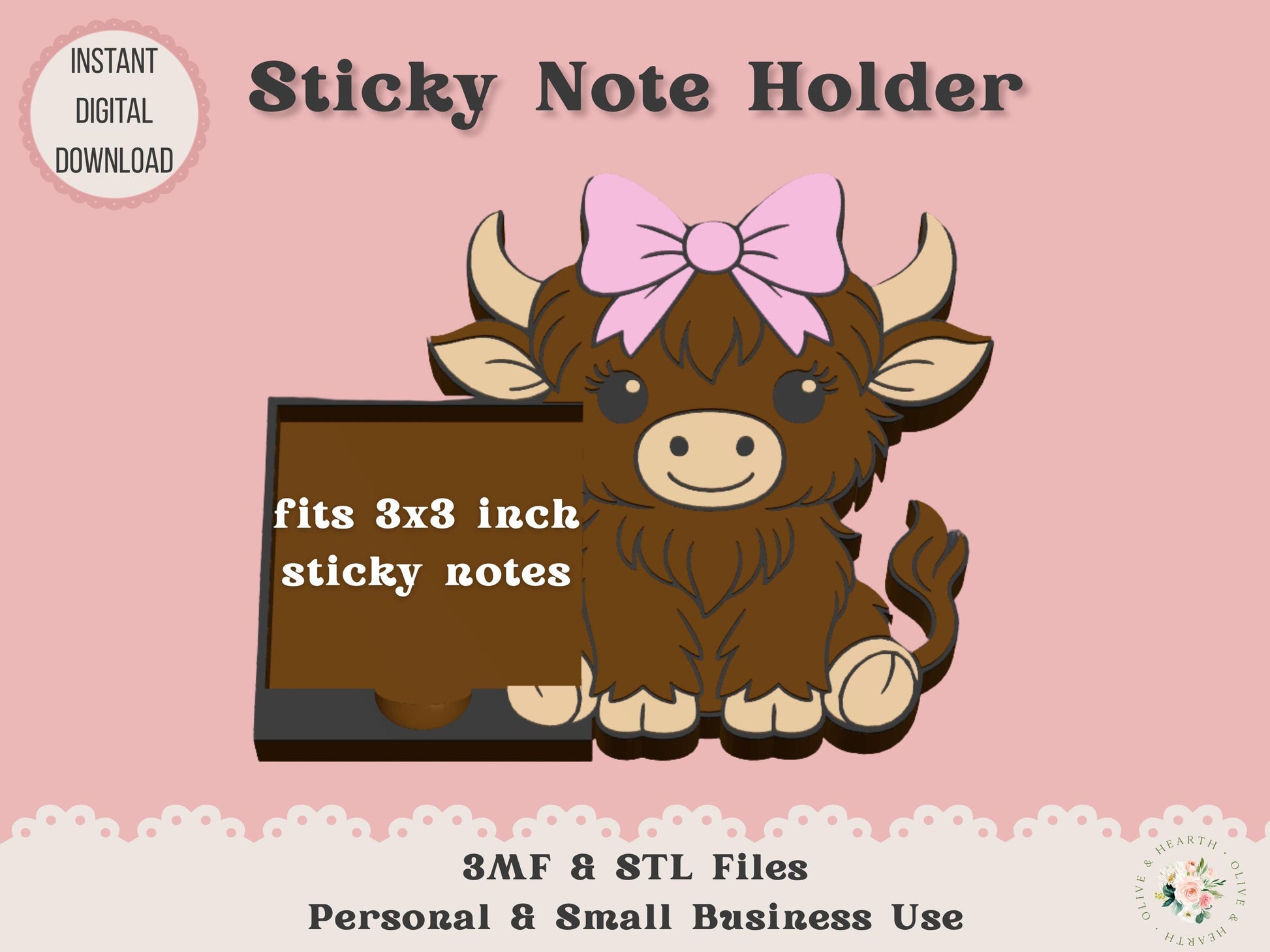 Sticky Note Holder 3D Printer File | Highland Cow with Bow STL 3MF | Commercial Use | Desk Organizer