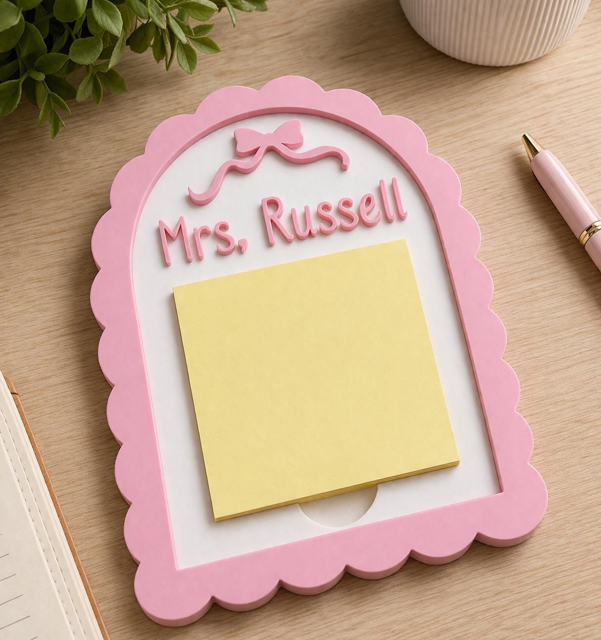 Sticky Note Holder 3d Printer File | Scalloped Arch with Bow and Customizable Name STL 3MF | Commercial Use | Desk Organizer