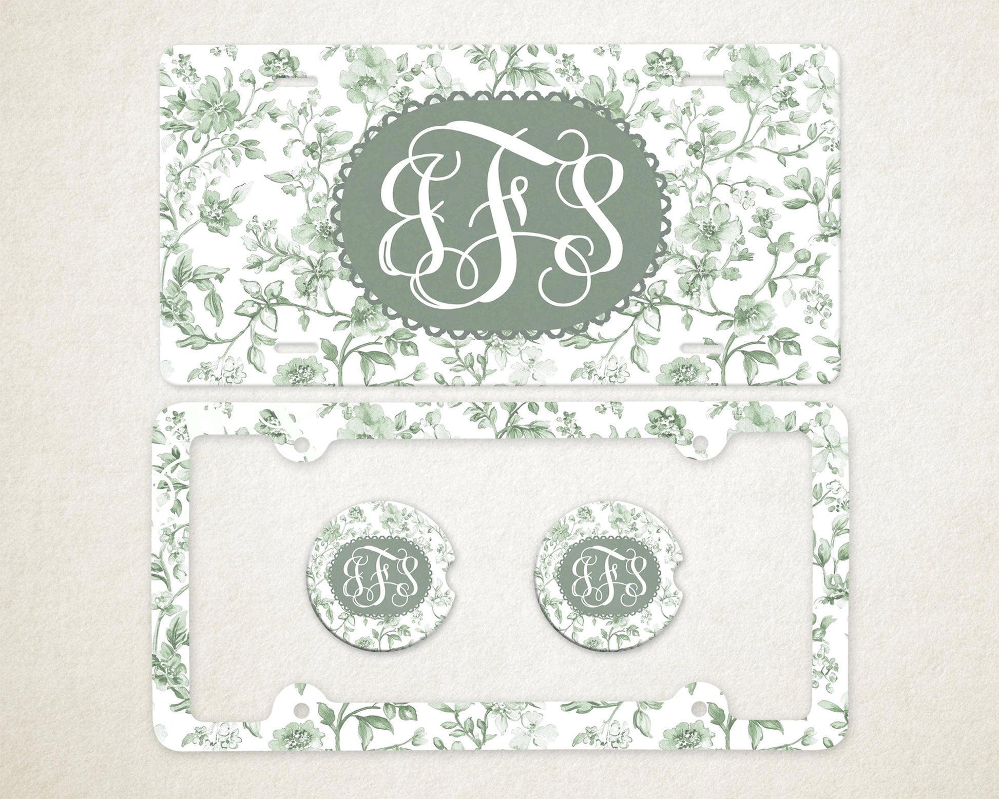 Personalized Car Accessories Set | Front License Plate, License Plate Frame, and Coasters | Mother's Day Gift Idea