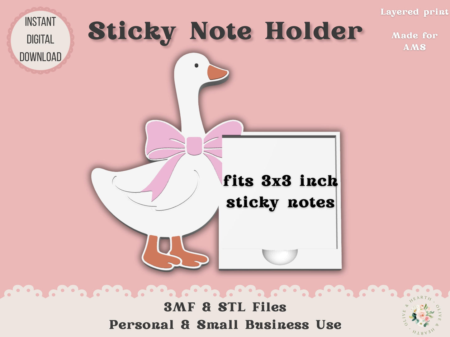 Sticky Note Holder 3D Printer File | Vintage Goose with Bow | STL 3MF | Commercial Use | Desk Organizer