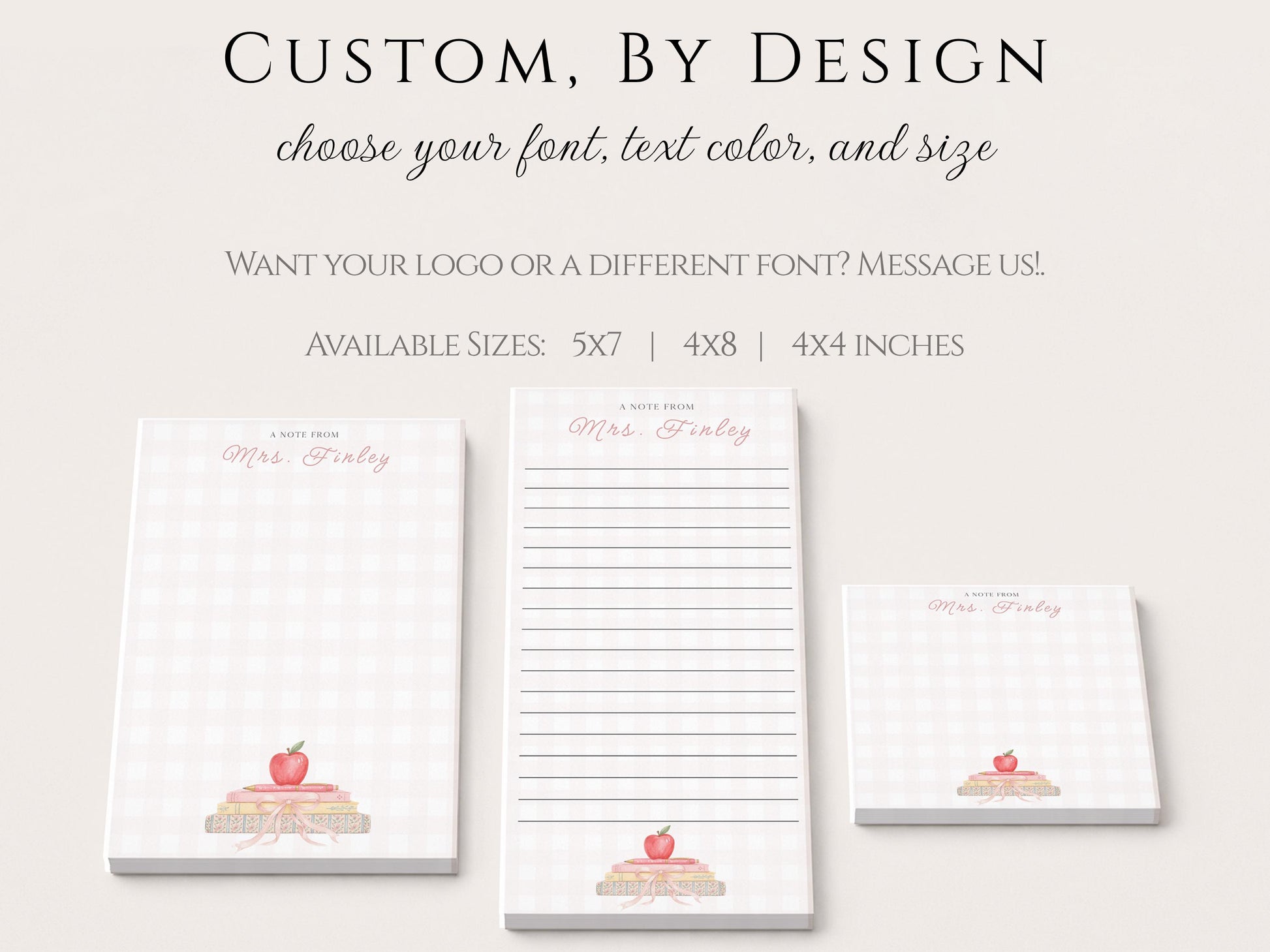Personalized Teacher Notepad | Pink Gingham Book Pile Bow | Teacher Appreciation Gift