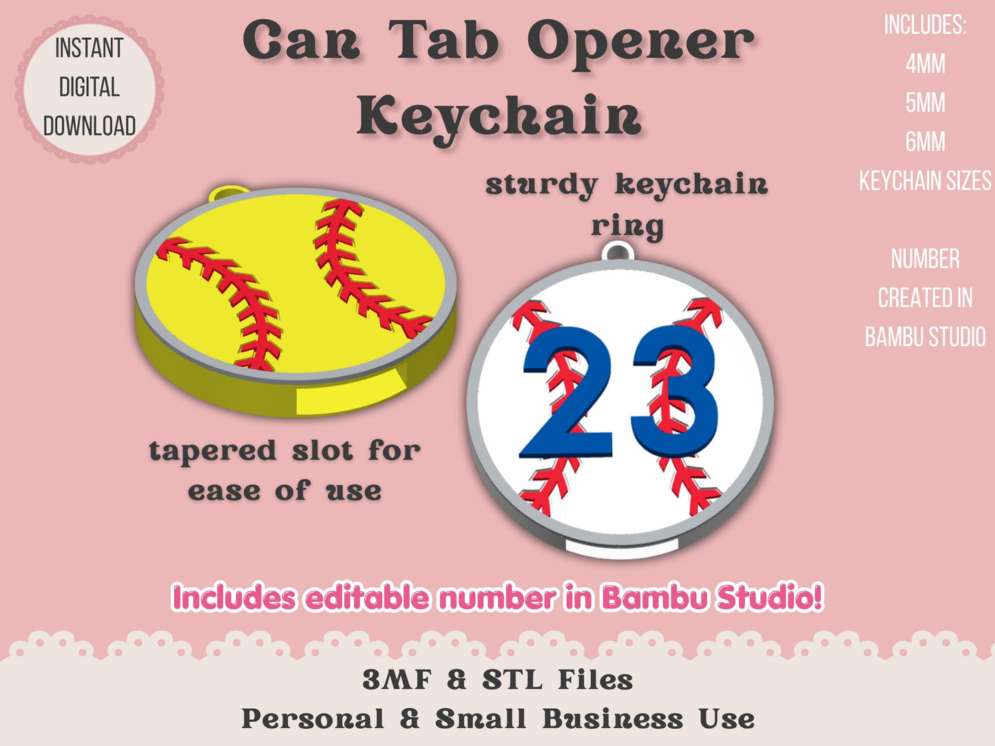 Soda Can Tab Opener Keychain 3D Printer File | Baseball Softball with Number | STL 3MF | Commercial Use | Nail Saver Keychain