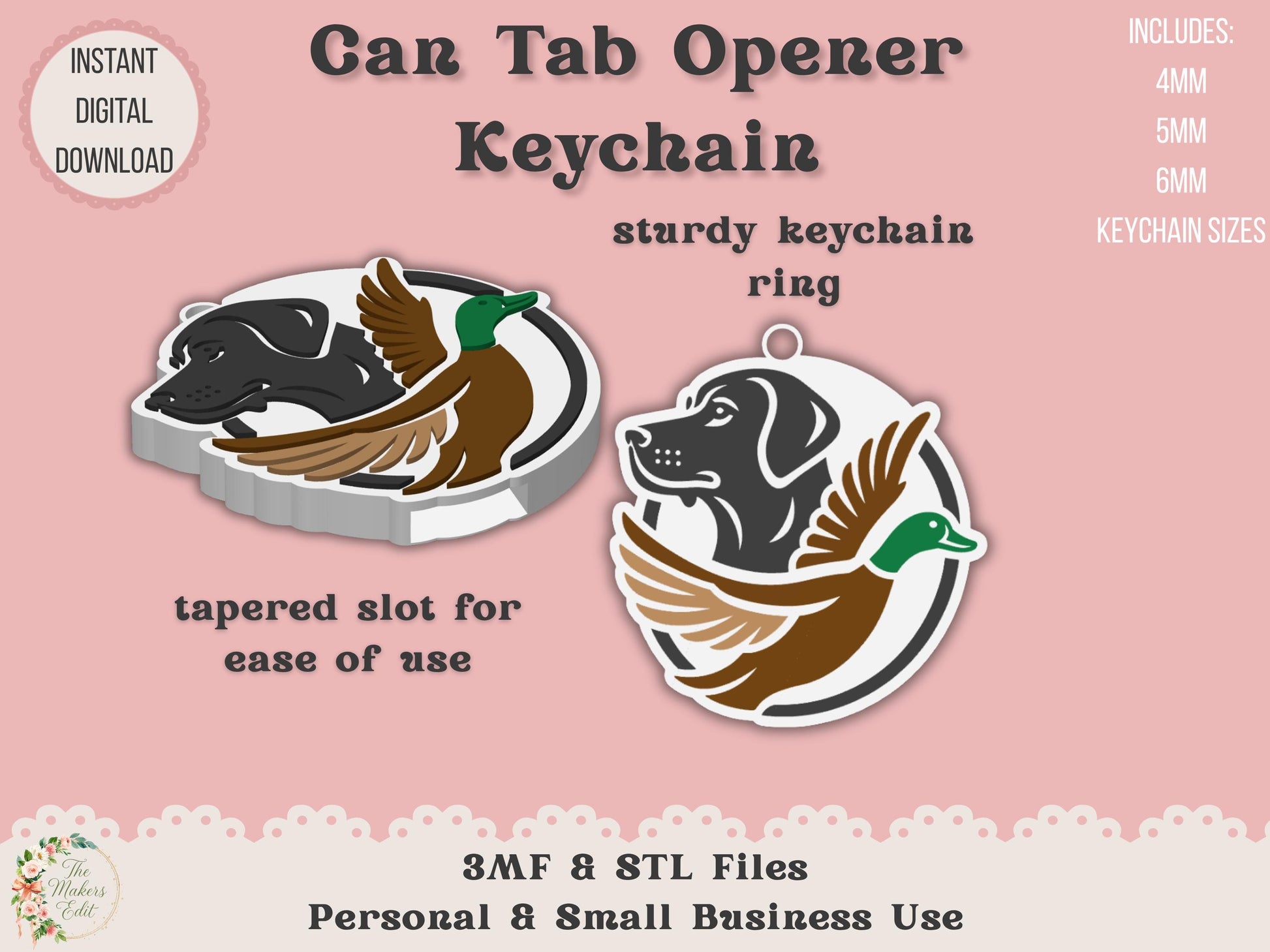 Soda Can Tab Opener Keychain 3D Printer File | Hunting Dog and Duck | STL 3MF | Commercial Use | Nail Saver Keychain