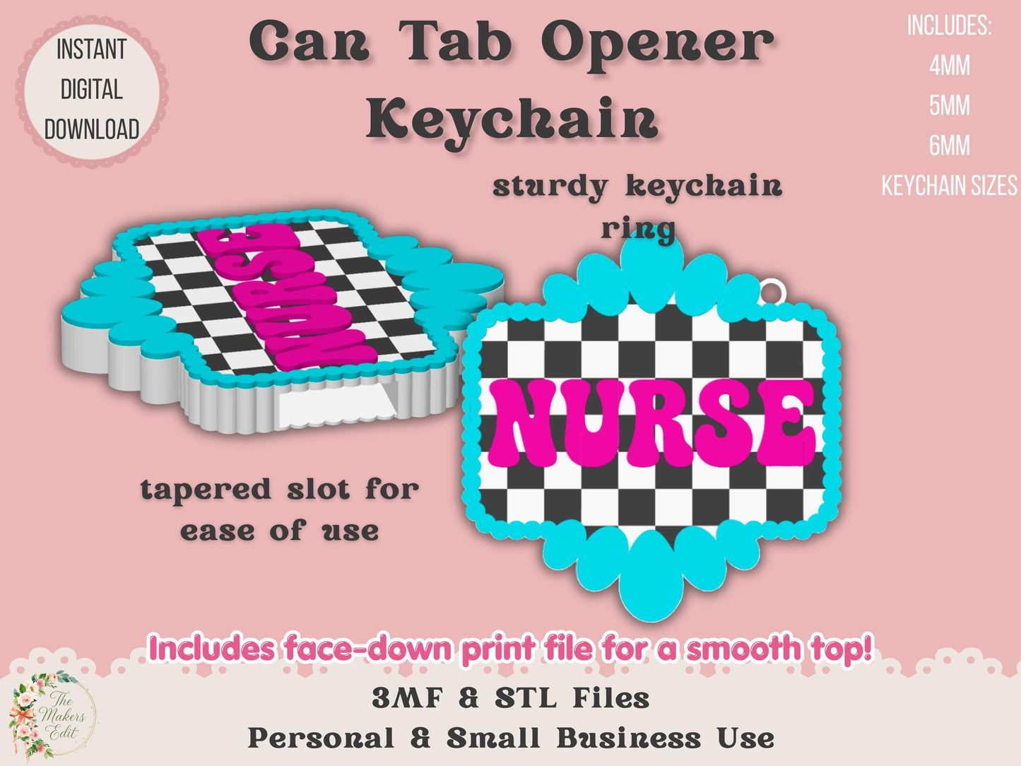 Soda Can Tab Opener Keychain 3D Printer File | Turquoise Gemstone Checkered Nurse | Nurse Appreciation | STL 3MF
