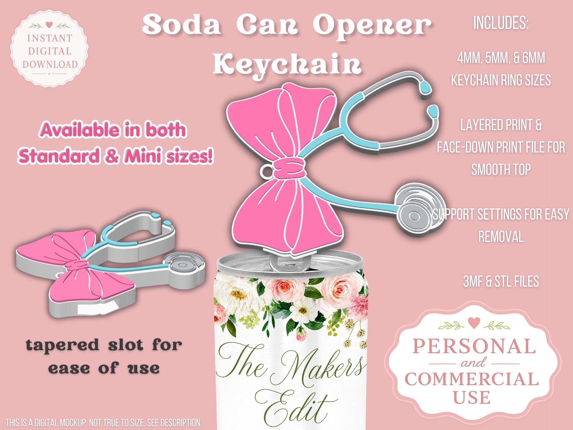 Soda Can Tab Opener Keychain 3D Printer File | Stethoscope Bow | Nurse Appreciation | STL 3MF | Commercial Use | Nail Saver Keychain
