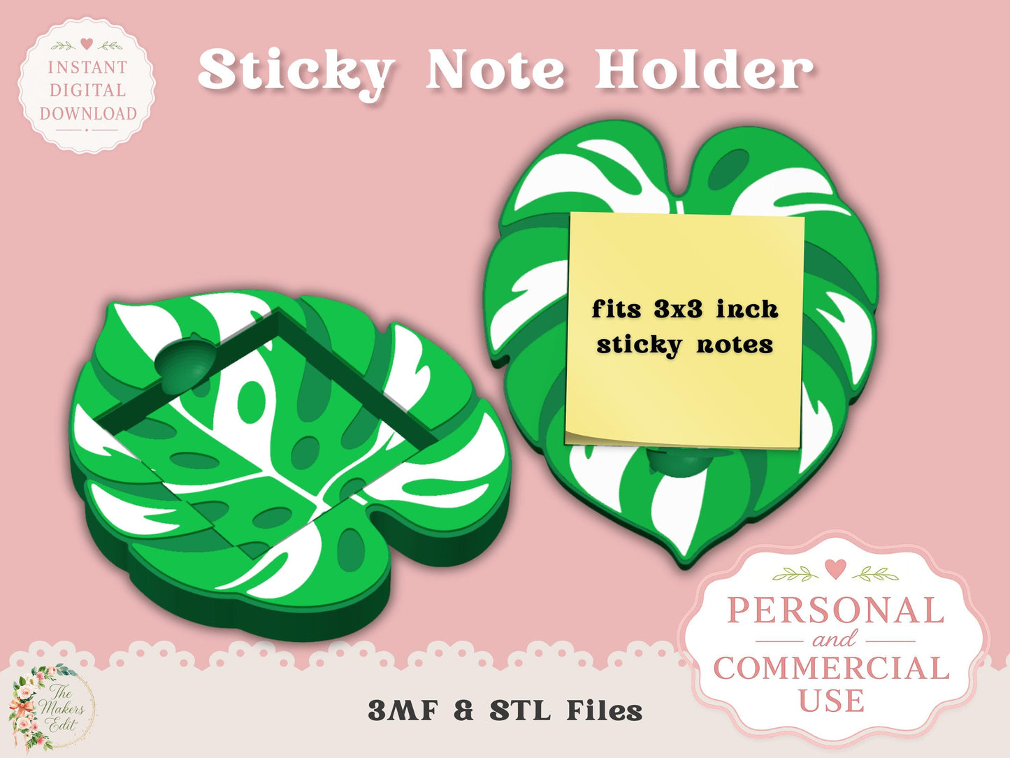 Sticky Note Holder 3D Printer File | Variegated Monstera | STL 3MF | Commercial Use | Desk Organizer