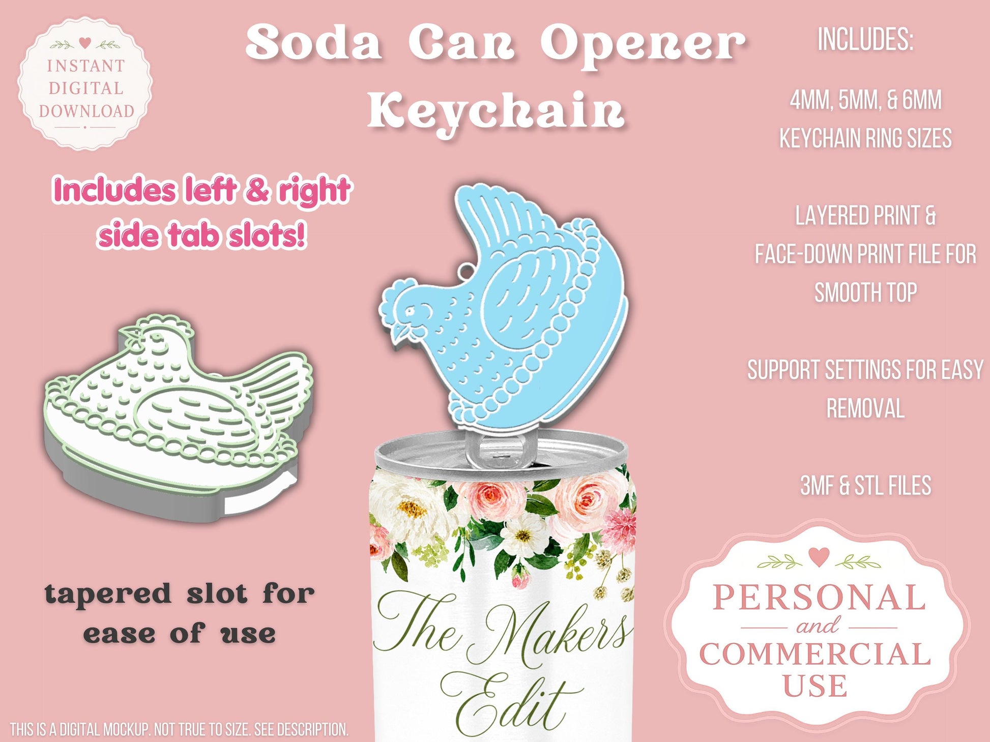 Soda Can Tab Opener Keychain 3D Printer File | Hen on Nest | STL 3MF | Commercial Use | Nail Saver Keychain