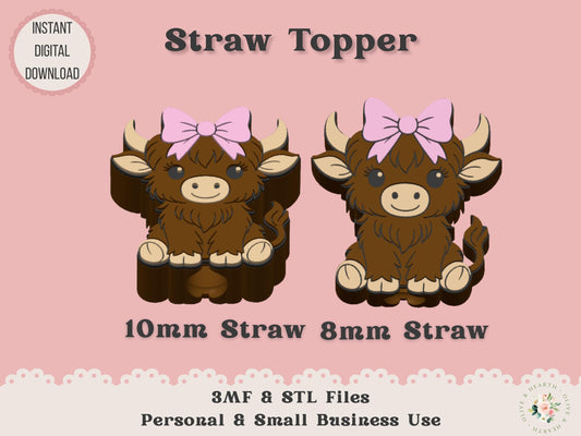 Straw Topper 3D Printer File | Highland Cow Coquette Bow 3MF STL | Fits 10mm & 8mm Straws | Commercial Use | Tumbler Accessories