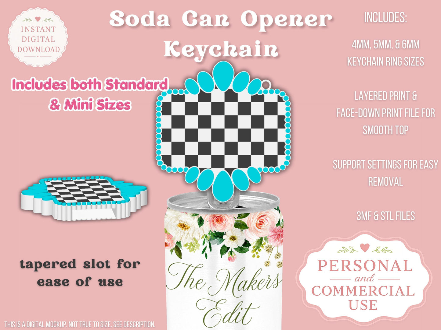 Soda Can Tab Opener Keychain 3D Printer File | Turquoise Gemstone Checkered | STL 3MF | Commercial Use | Nail Saver Keychain