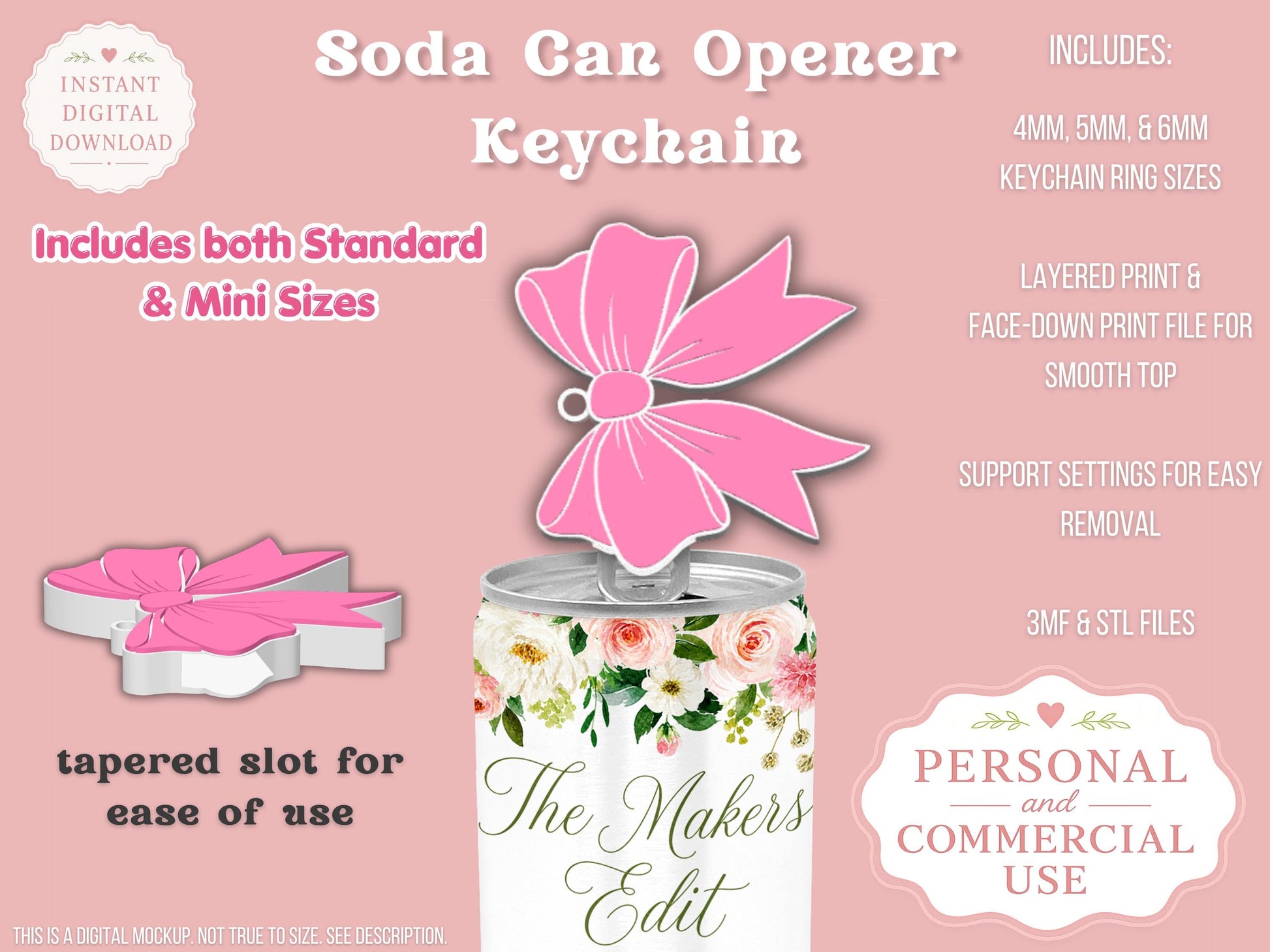 Soda Can Tab Opener Keychain 3D Printer File | Coquette Bow | STL 3MF | Commercial Use | Nail Saver Keychain
