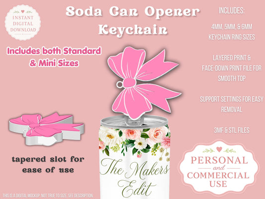Soda Can Tab Opener Keychain 3D Printer File | Coquette Bow | STL 3MF | Commercial Use | Nail Saver Keychain