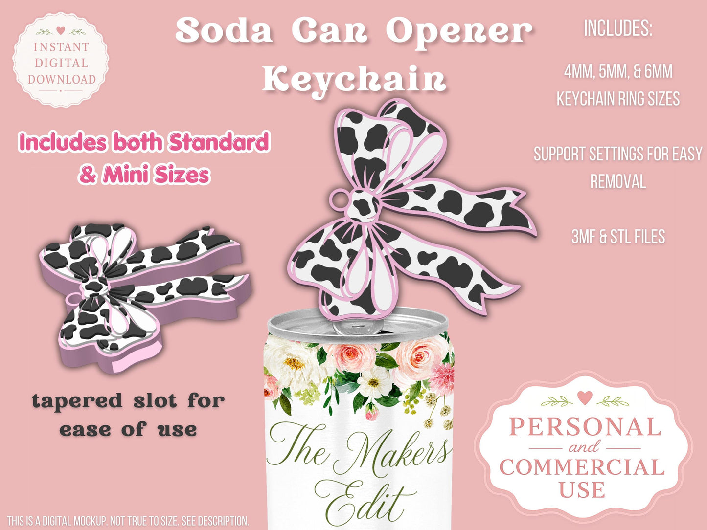 Soda Can Tab Opener Keychain 3D Printer File | Cow Print Coquette Bow | STL 3MF | Commercial Use | Nail Saver Keychain