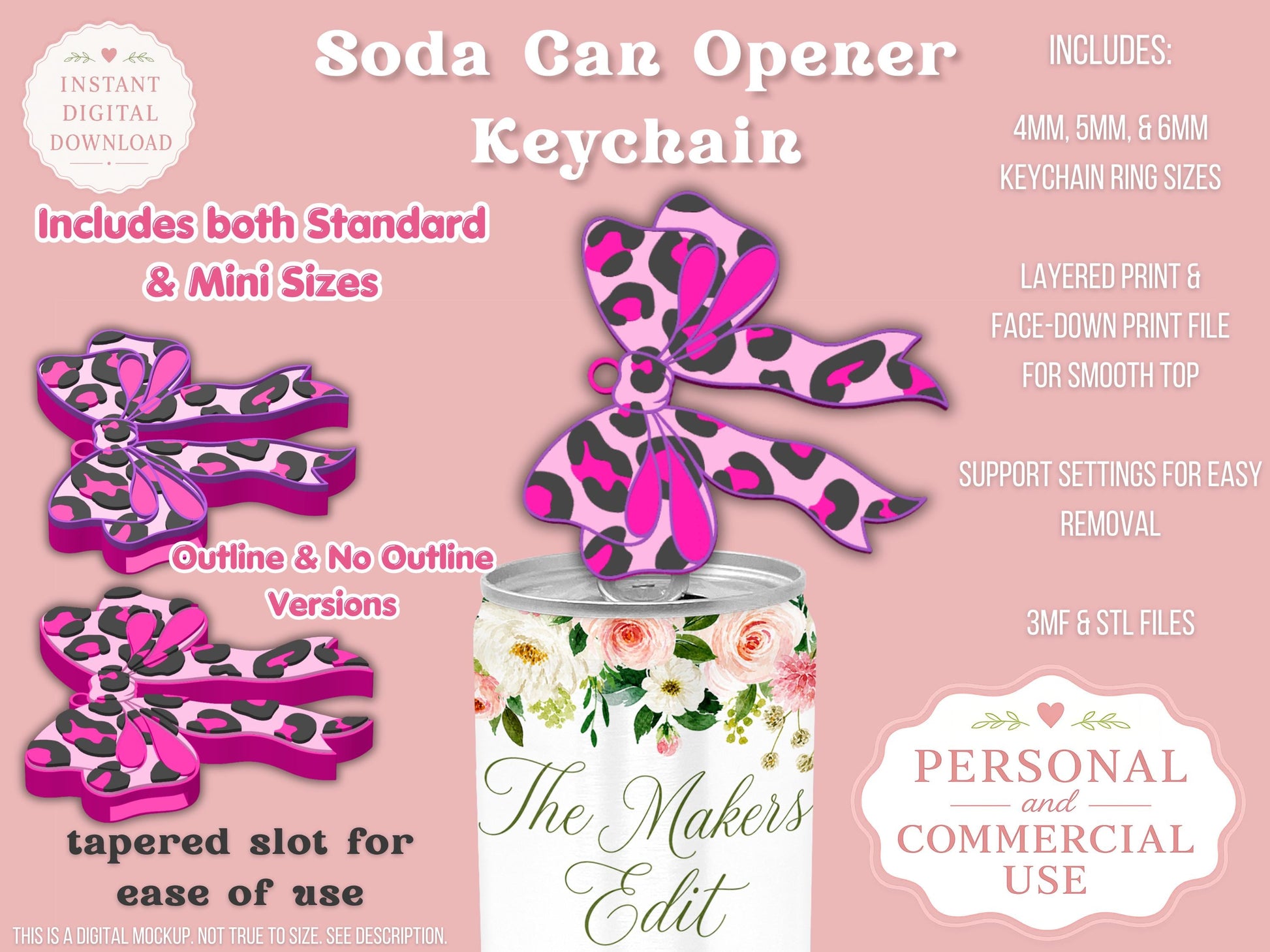 Soda Can Tab Opener Keychain 3D Printer File | Leopard Print Coquette Bow | STL 3MF | Commercial Use | Nail Saver Keychain