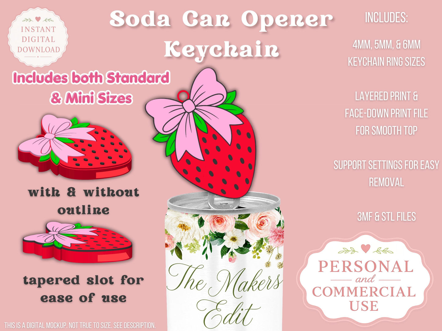 Soda Can Tab Opener Keychain 3D Printer File | Strawberry Coquette Bow | STL 3MF | Commercial Use | Nail Saver Keychain
