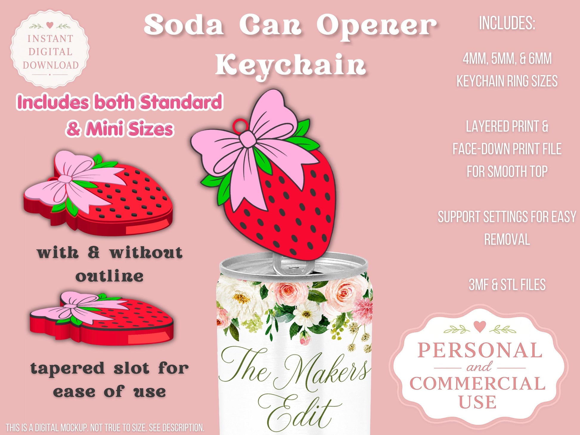 Soda Can Tab Opener Keychain 3D Printer File | Strawberry Coquette Bow | STL 3MF | Commercial Use | Nail Saver Keychain