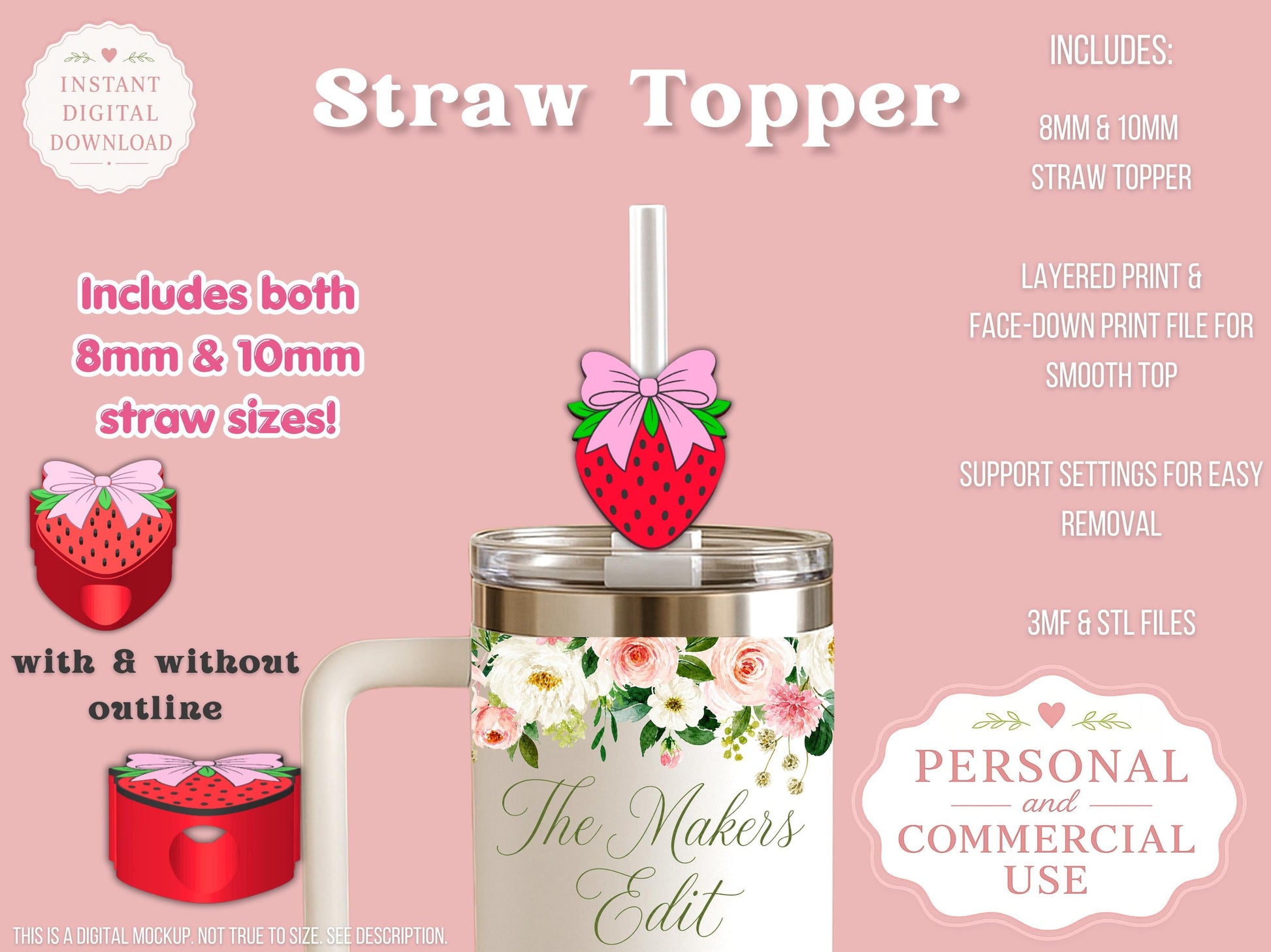 Straw Topper 3D Printer File | Strawberry Coquette Bow STL 3MF | Fits 10mm & 8mm Straws | STL 3MF | Commercial Use | Tumbler Accessories
