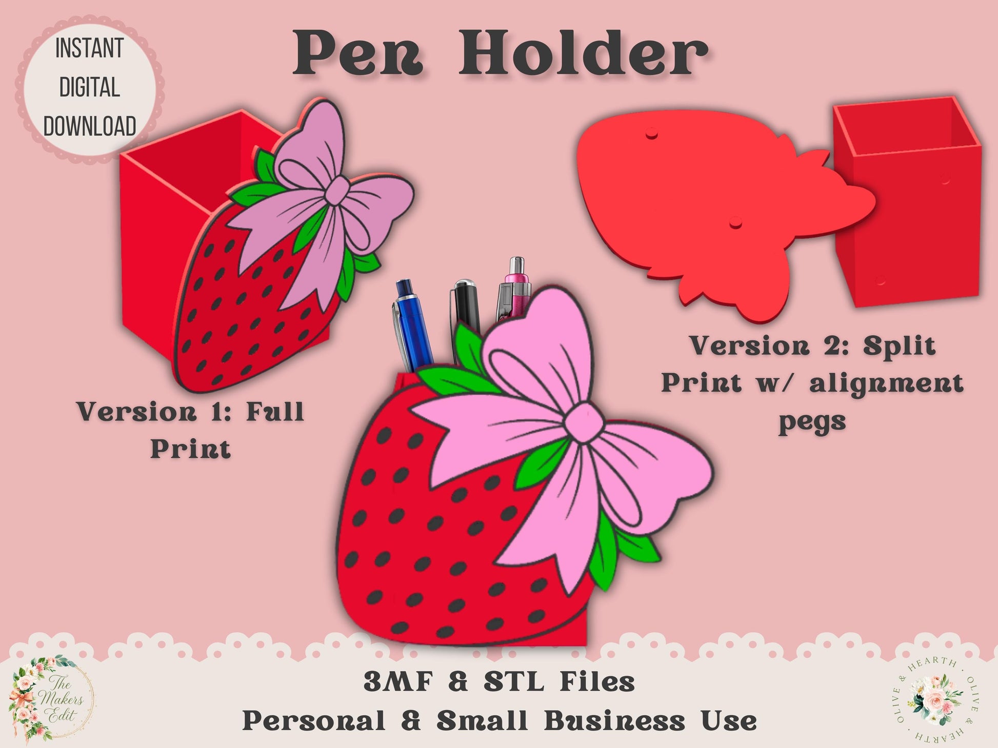 Pen Holder 3D Printer File | Strawberry Coquette Bow | STL 3MF | Commercial Use | Multi-Color 3MF | STL File