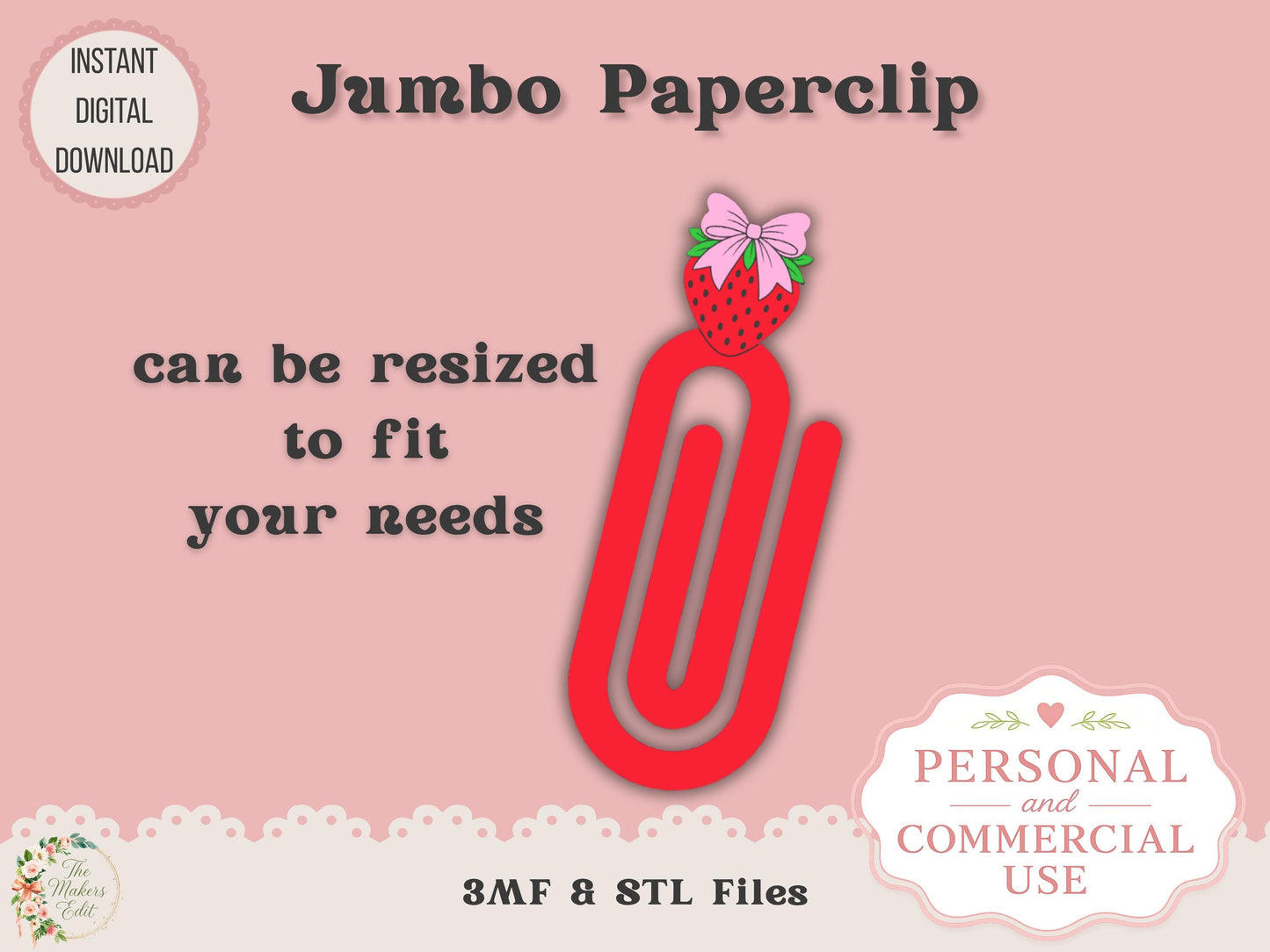 Jumbo Paper Clip 3D Printer File | Strawberry with Bow | STL 3MF | Commercial Use | Multi-Color 3MF | STL File